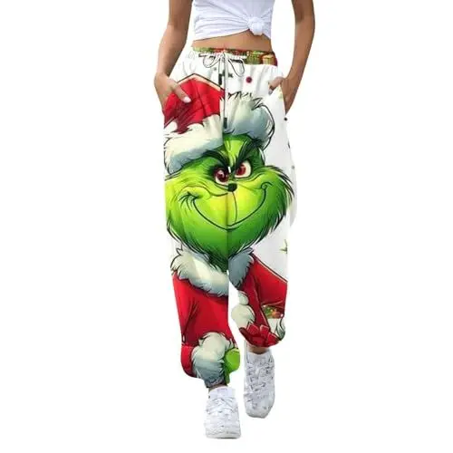 Produktbild: BFTHWY 𝑮𝒓𝒊𝒏𝒄𝒉 Christmas Hose Christmas Hose Hippie Hose Damen Leggins mit Fell Gefüttert Schwarz Jogginghose Teenager Mädchen Pyjama Herren Lang Jogginghose Damen Polyester Weihnachts Grün 2XL